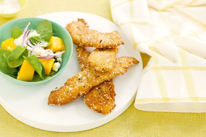 Cooking Salads Garlic-sesame crumbed chicken with mango salad