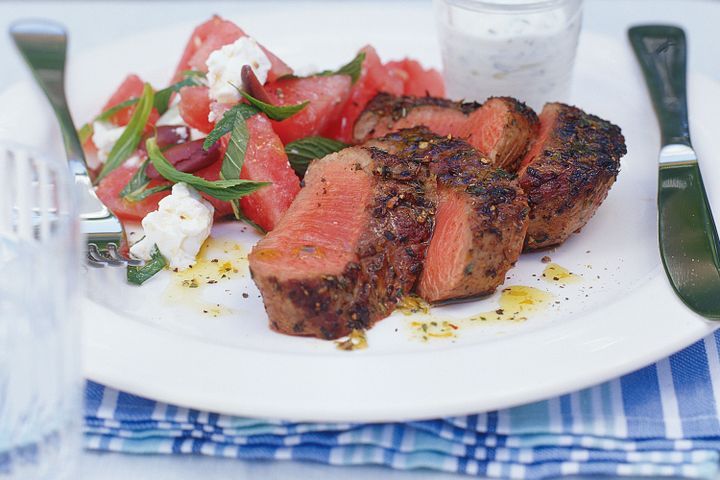 Cooking Salads Greek lamb with watermelon salad