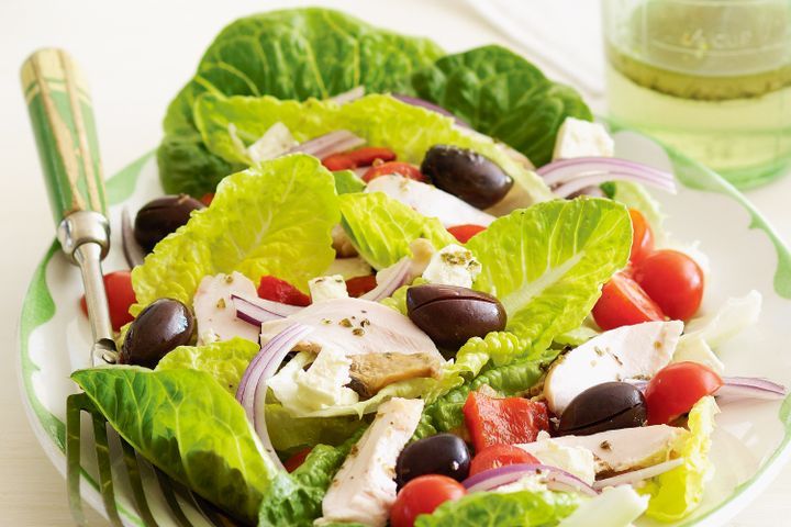 Cooking Salads Greek salad with smoked chicken and eggplant