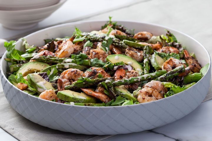 Cooking Salads Grilled prawn and asparagus Caesar salad