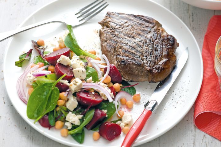 Cooking Salads Grilled steak with beetroot and chickpea salad