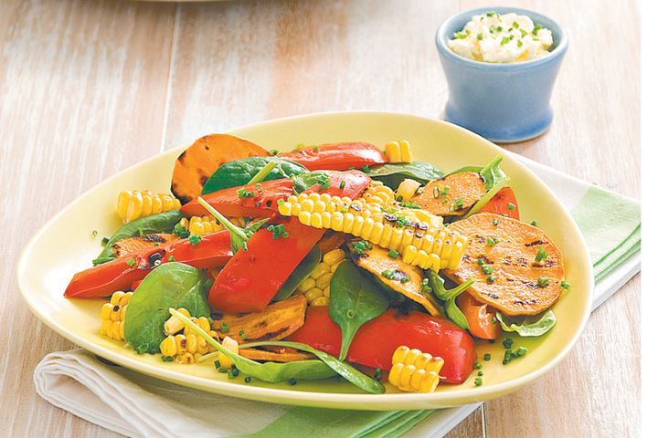 Cooking Salads Grilled sweet potato, corn and capsicum salad