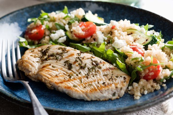 Cooking Salads Grilled turkey steaks with quinoa and feta salad