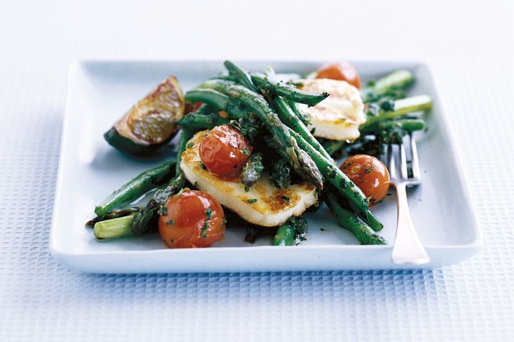 Cooking Salads Haloumi and asparagus salad with lime caper dressing