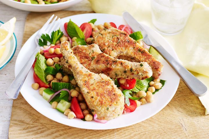 Cooking Salads Haloumi and mint lamb cutlets with chickpea salad