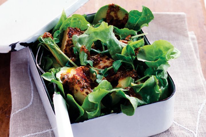 Cooking Salads Haloumi and mixed green salad with harissa dressing