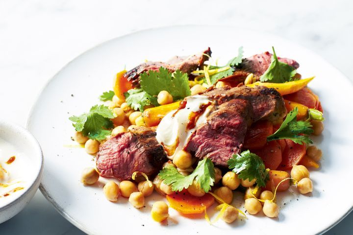 Cooking Salads Harissa lamb with spiced chickpea salad