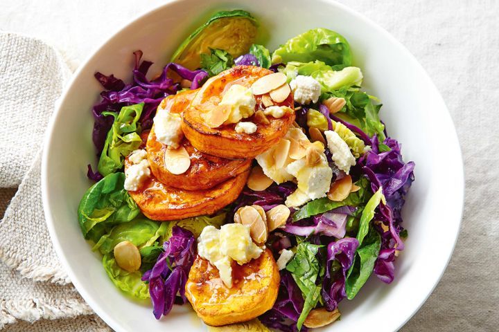 Cooking Salads Honeyed sweet potato, almond and sprout salad
