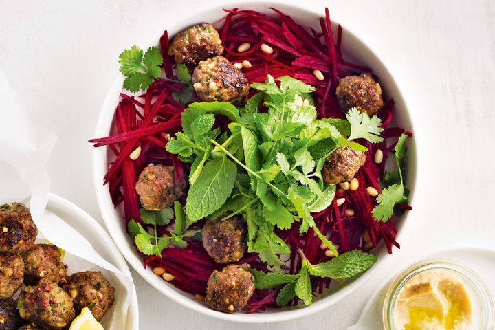 Cooking Salads Hummus with lamb kofte and beetroot salad