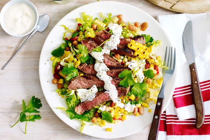 Cooking Salads Jerk beef with warm corn and bean salad