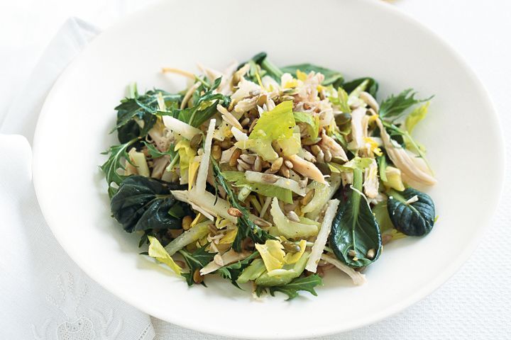 Cooking Salads Jicama, chicken and celery salad with toasted seeds