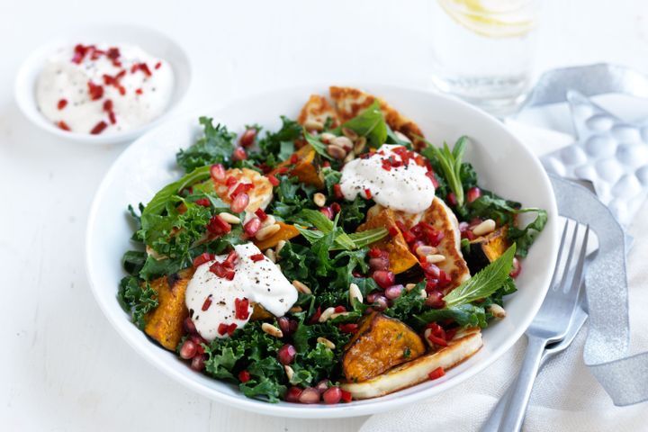 Cooking Salads Kale, haloumi & pumpkin salad with lemon yoghurt dressing