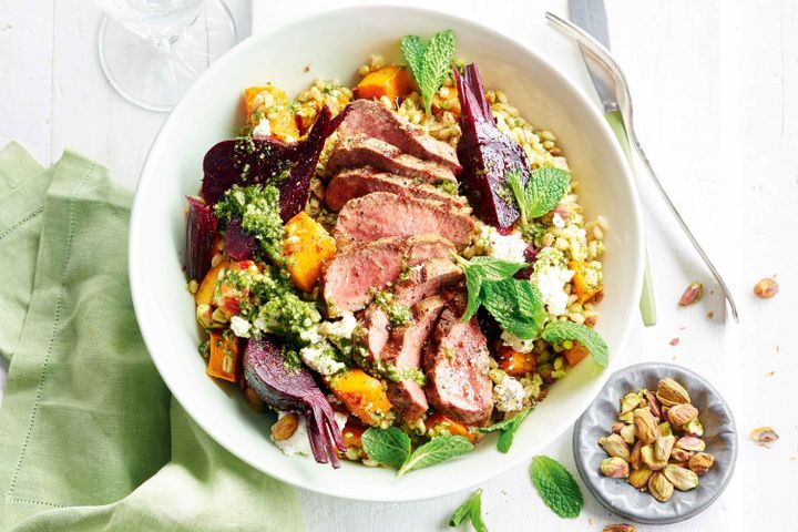 Cooking Salads Lamb, beetroot, pumpkin and barley salad with mint pesto