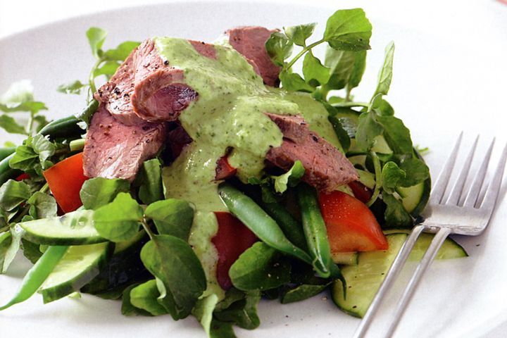 Cooking Salads Lamb and green bean salad with pesto dressing