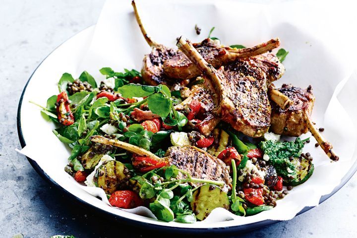 Cooking Salads Lamb cutlets with lentil salad and mint and watercress pesto