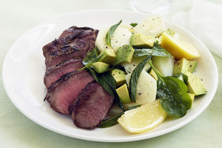 Cooking Salads Lamb medallions with potato and avocado salad