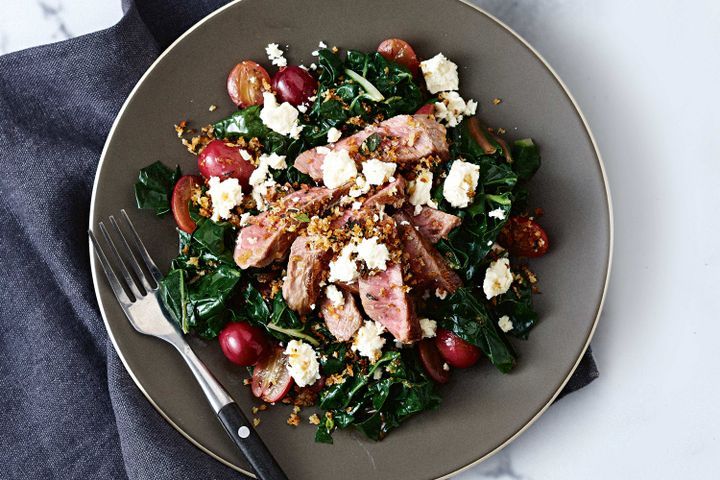 Cooking Salads Lamb with warm silverbeet and grape salad