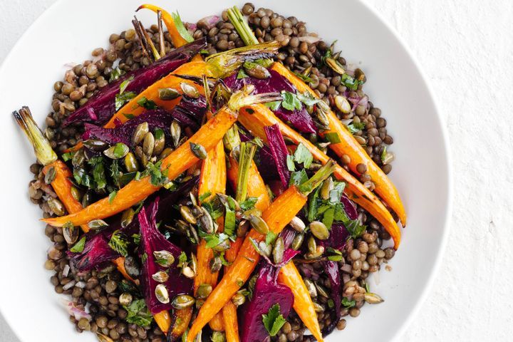 Cooking Salads Lentil, roast beetroot and baby carrot salad