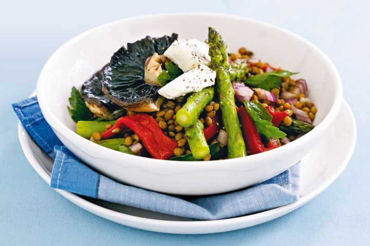 Cooking Salads Lentil salad with chargrilled mushrooms & asparagus