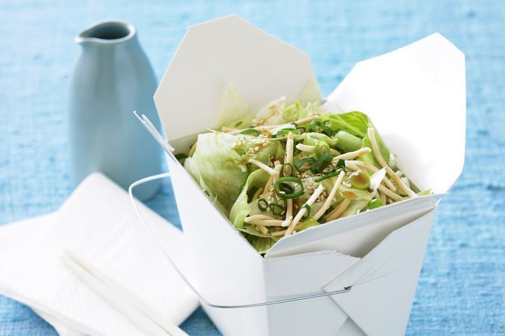 Cooking Salads Lettuce and noodle salad with soy dressing