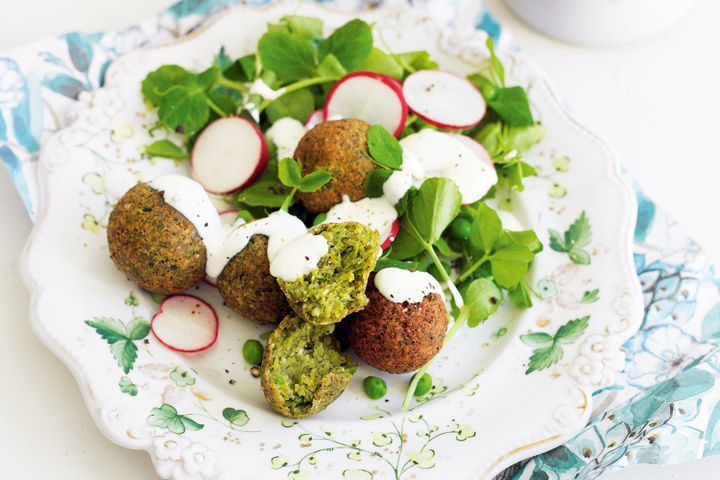 Cooking Salads Little pea felafel with radish & pea shoot salad