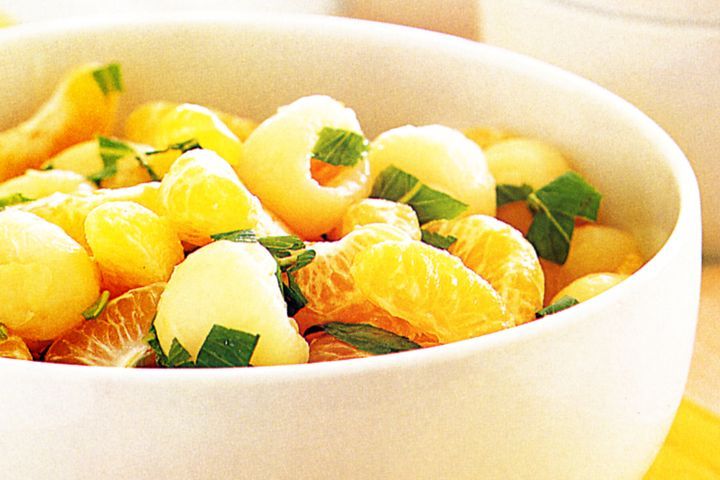 Cooking Salads Mandarin, lychee and mint fruit salad
