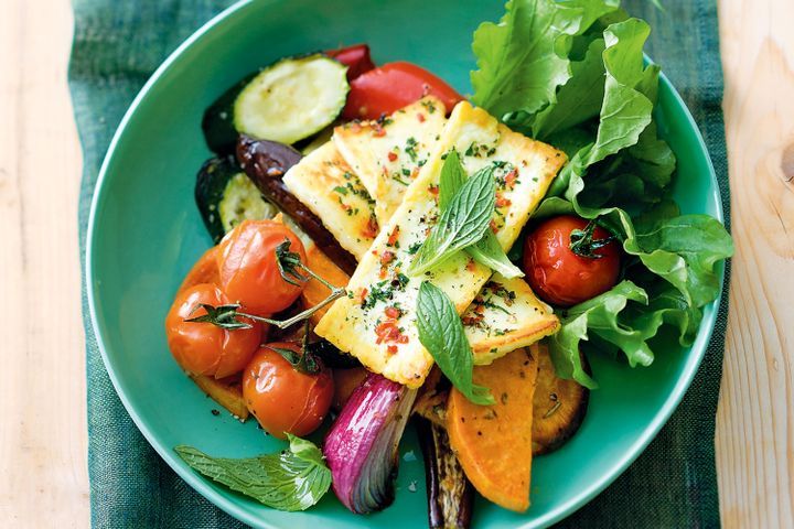 Cooking Salads Mint and chilli haloumi with roast vegetable salad
