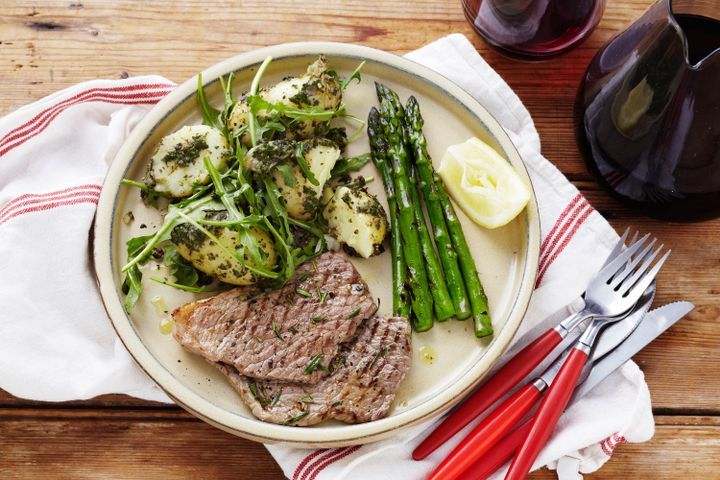 Cooking Salads Minute steak with smashed pesto potato salad