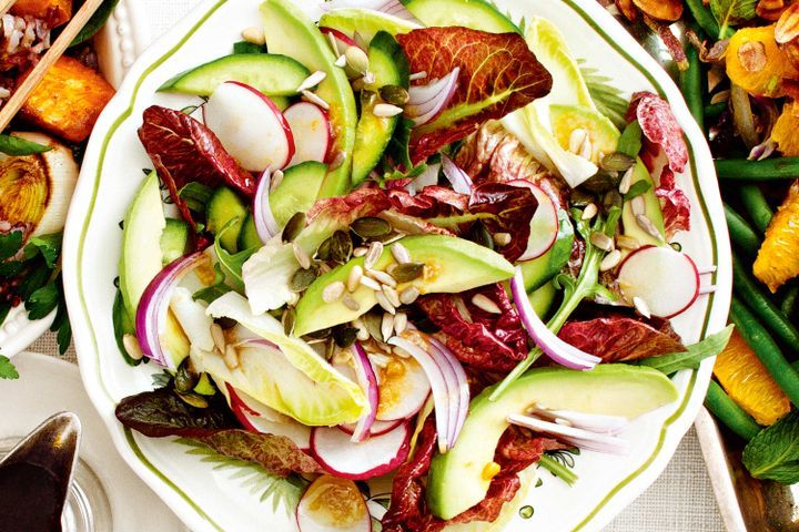 Cooking Salads Mixed leaves with radish, avocado and salad seeds