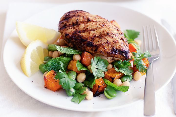 Cooking Salads Moroccan spiced chicken on chickpea and pumpkin salad