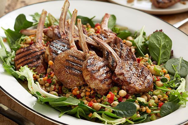 Cooking Salads Moroccan spiced lamb cutlets with lentil-chickpea salad