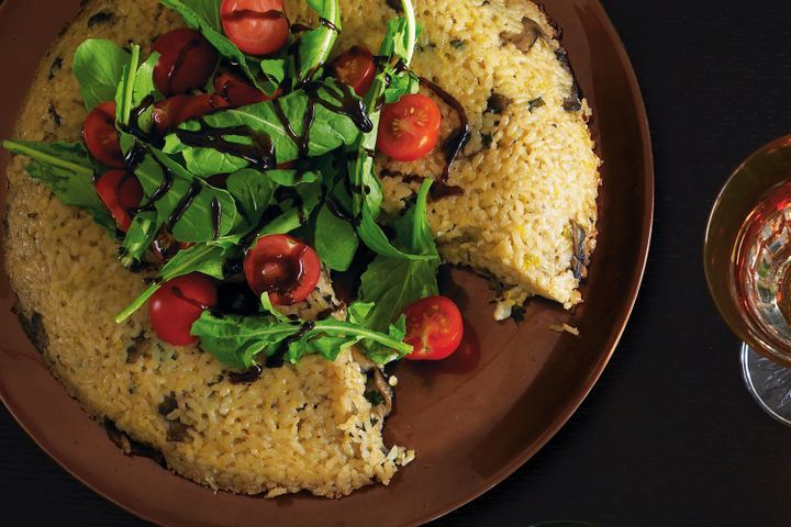 Cooking Salads Mushroom risotto cake with cherry tomato salad