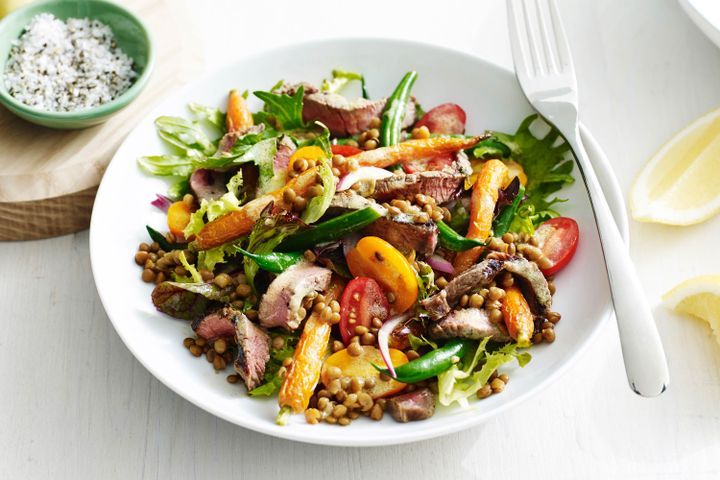 Cooking Salads Mustard beef with honey carrot and bean salad