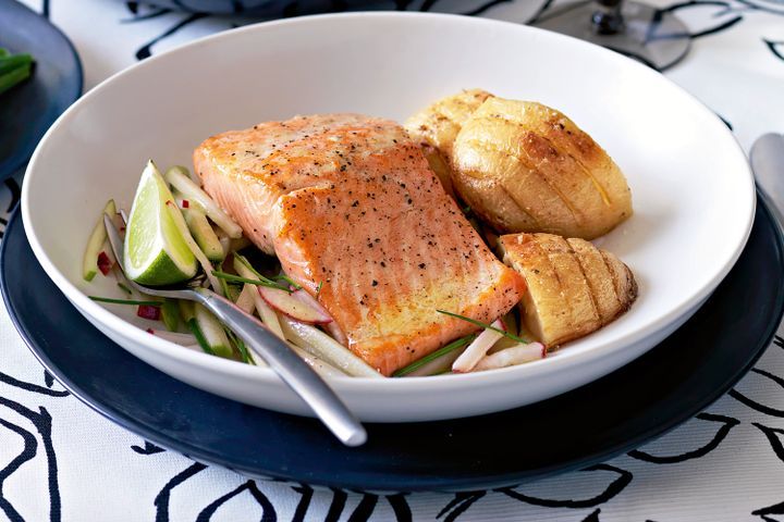 Cooking Salads Ocean trout on radish, apple and cucumber salad