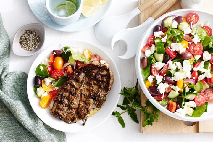 Cooking Salads Oregano and lemon lamb chops with Greek salad