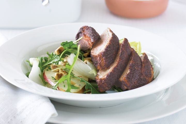 Cooking Salads Paprika duck breasts on witlof, pear and hazelnut salad