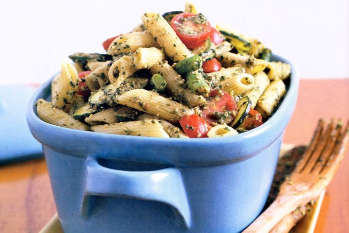 Cooking Salads Pasta and vegetable salad with basil dressing