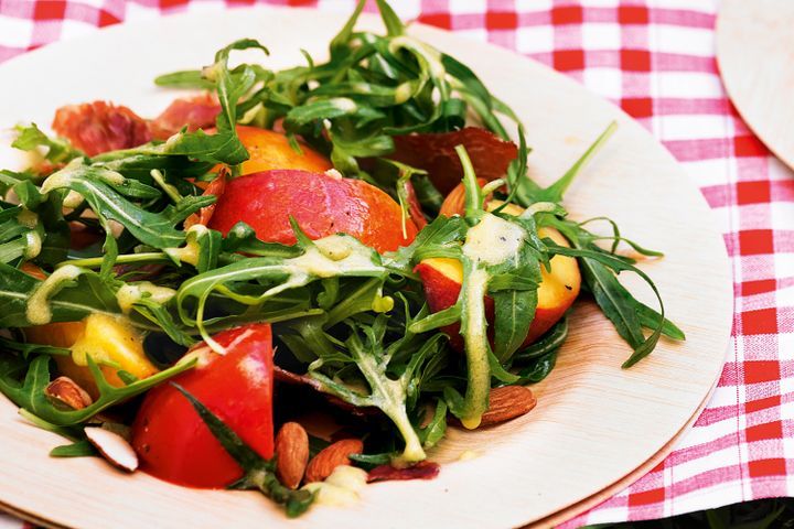 Cooking Salads Peach, tomato and ham salad