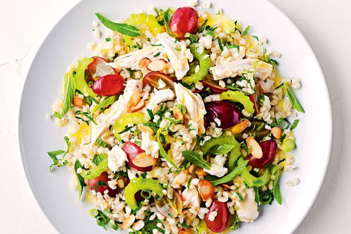 Cooking Salads Pearl barley, grape & poached chicken salad
