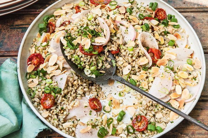 Cooking Salads Pearl barley salad with pickled turnip and roasted tomatoes