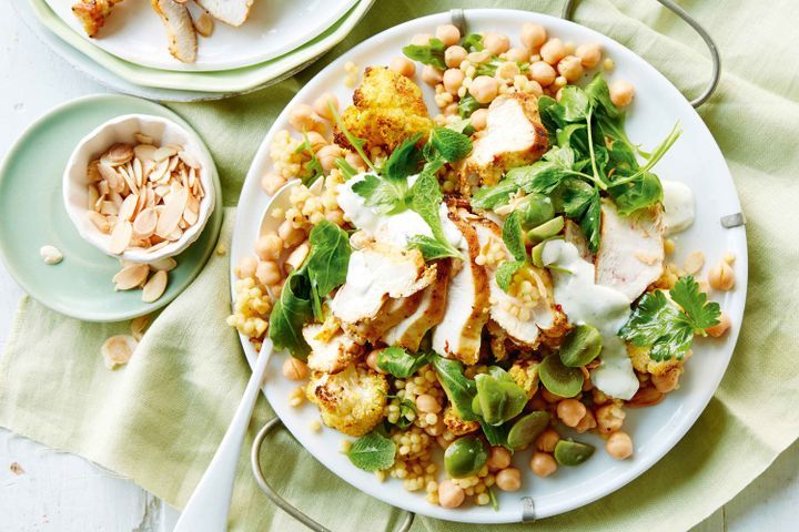 Cooking Salads Pearl couscous and cauliflower salad with spiced chicken