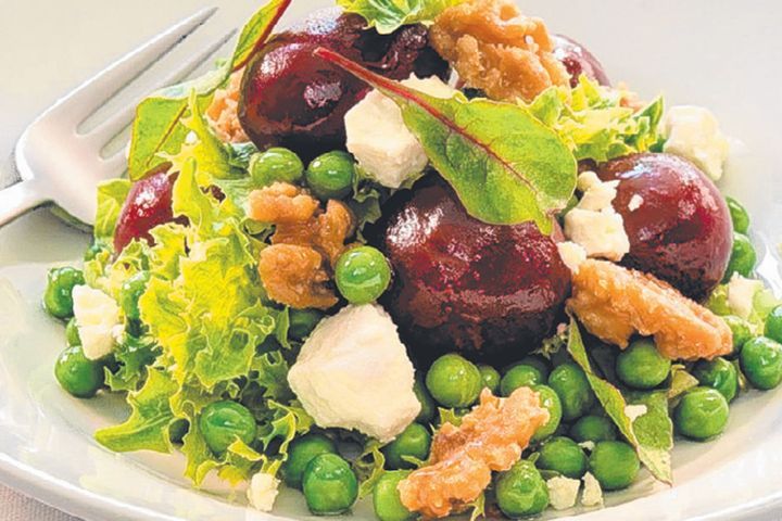 Cooking Salads Peas, baby beetroot & salted, caramelised walnut salad