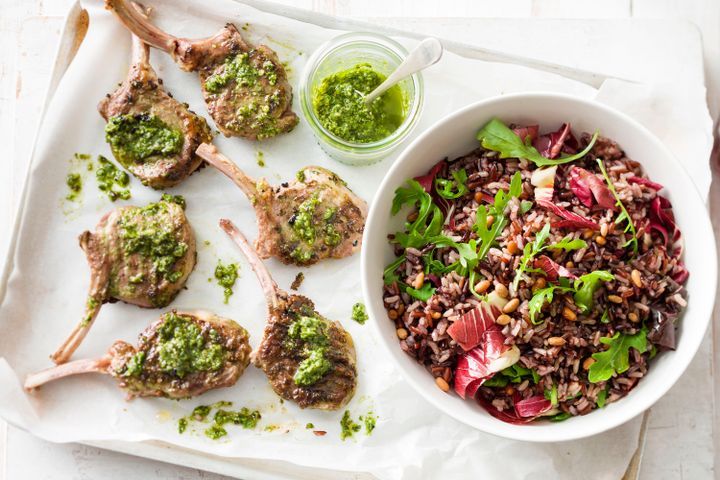 Cooking Salads Pesto lamb cutlets with rice and radicchio salad