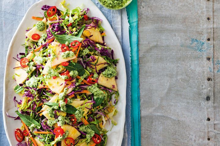 Cooking Salads Pineapple and cabbage salad with coconut pesto dressing