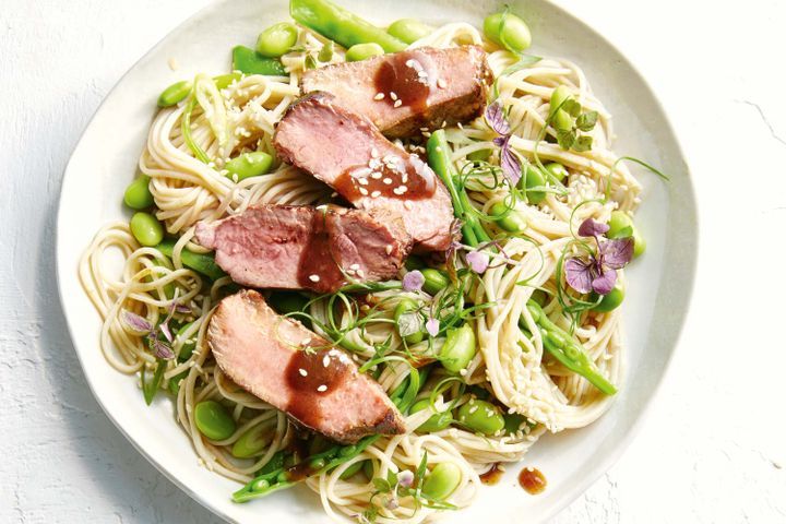Cooking Salads Plum and ginger glazed lamb with soba noodle salad