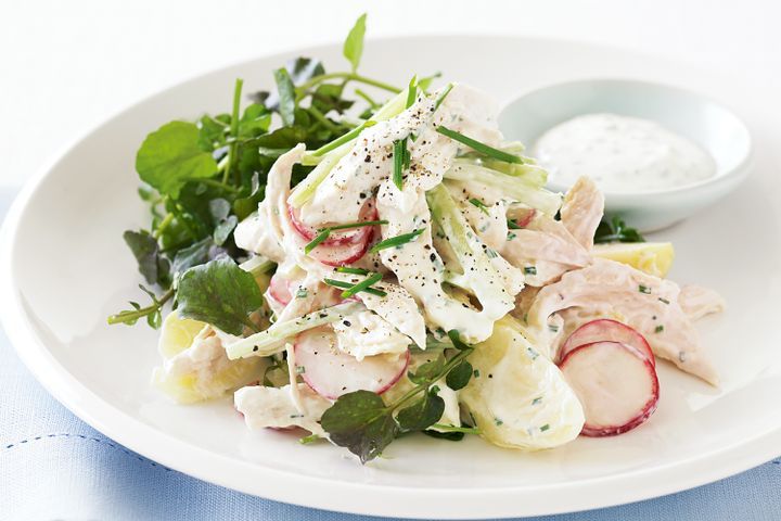 Cooking Salads Poached chicken, potato and radish salad