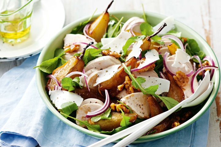 Cooking Salads Poached chicken salad with maple-baked pears