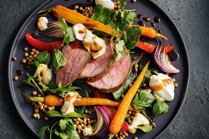 Cooking Salads Pomegranate-glazed lamb and lentil salad