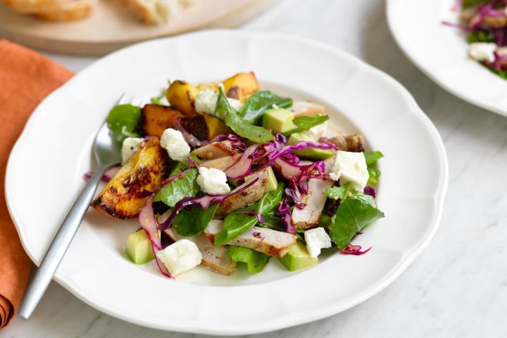 Cooking Salads Pork with caramelised peach and goats cheese salad