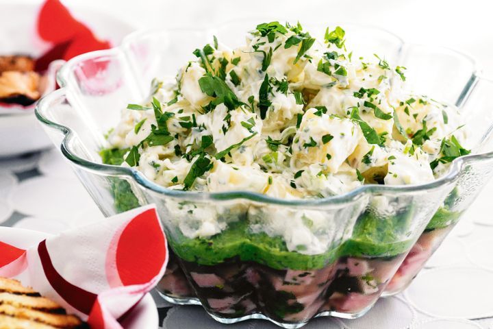 Cooking Salads Potted ham with mashed peas and potato salad